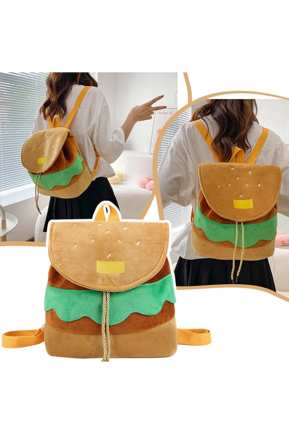 Cute Hamburger Plush Backpack Funny Cartoon Food Shaped Drawstring Daypack Soft Novelty School Bag Casual Lightweight Backpack For Students Travel