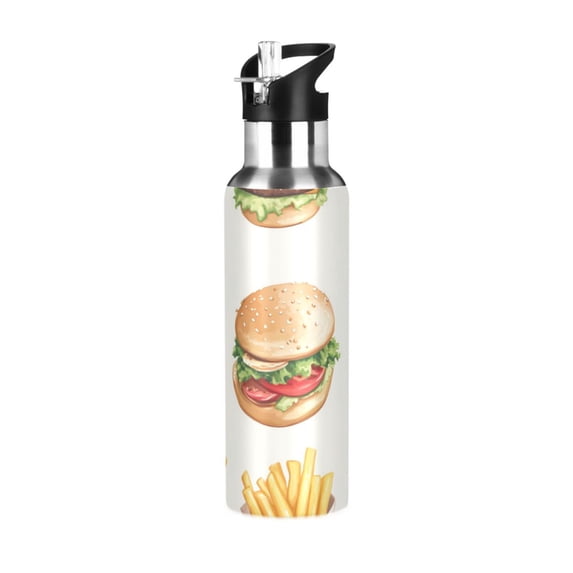 Cute Hamburger and French Fries Sports Bottle with Straw Stainless Steel Water Jug Portable Thermal Cup Leak-proof 1000ML