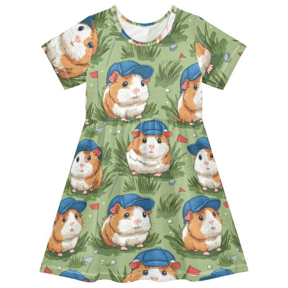 Cute Hamster Short Sleeve Dress A-Line Cute Midi Casual Sundress 2-8 Years
