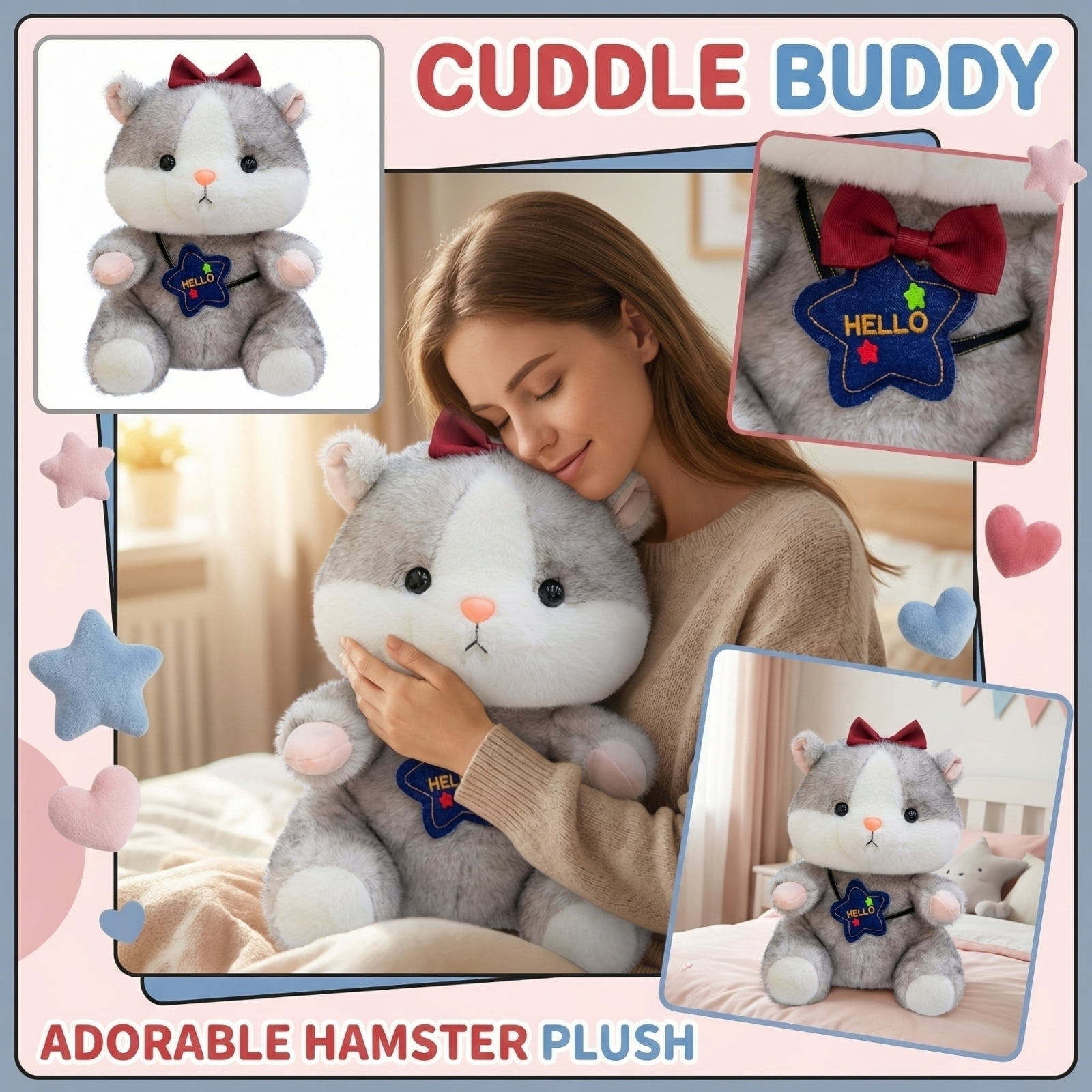 Cute Hamster Stuffed animals toys, Soft Plush Toys for Kids & Adults, Adorable Plushies Sleep Gift, Huggable Stuffed Animals with Realistic Details and Premium Polyester Filling A