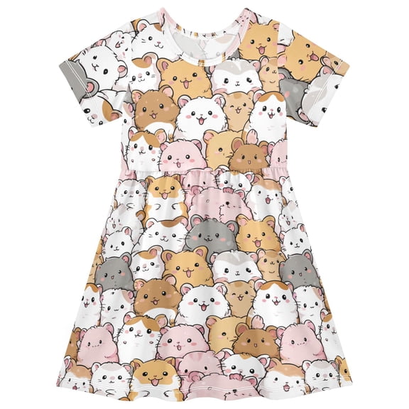 Cute Hamsters Short Sleeve Dress A-Line Cute Midi Casual Sundress 2-8 Years