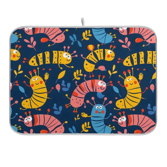 Cute Hand Drawn Bug Dish Drying Mat 16x18 Absorbent Microfiber Draining Rack Pad for Kitchen Counter Sink