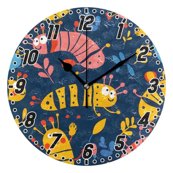 Cute Hand Drawn Bug Round Wall Clock Battery Operated Silent Non-Ticking Bedroom Office Kitchen Home School Decor 10"(Black)