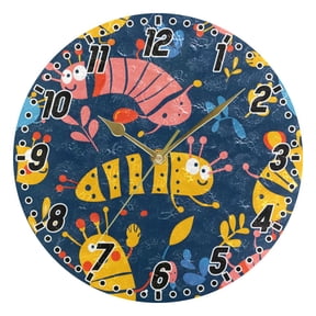 Cute Hand Drawn Bug Round Wall Clock Battery Operated Silent Non-Ticking Bedroom Office Kitchen Home School Decor 10"(Gold)