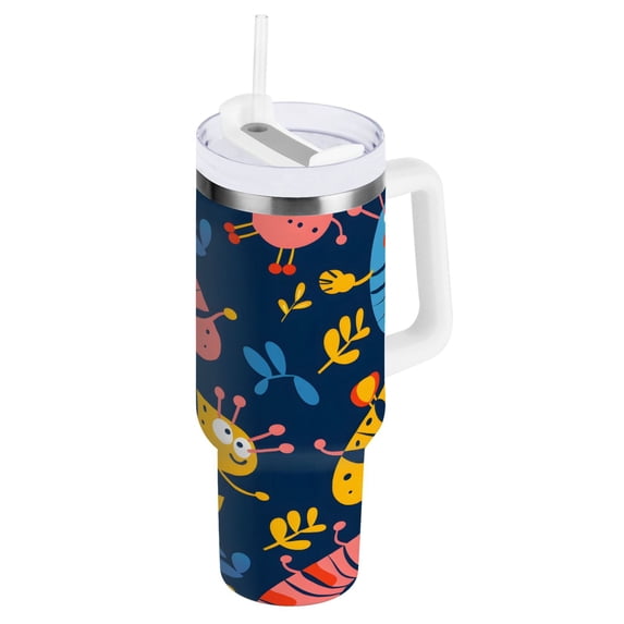 Cute Hand Drawn Bug Tumbler with Handle and Straw Lid 40 oz Insulated Vacuum Water Bottle Stainless Steel Travel Cup