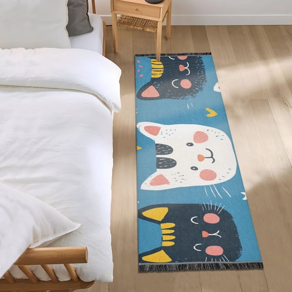 Cute Hand Drawn Cat Faces Bedside Runner Rug 2'x 6' Non Slip Carpet Floor Mat Area Rug