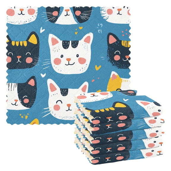 Cute Hand Drawn Cat Faces Dish Cloths Dish Towels Cleaning Cloths Quick Drying Reusable 11" x 11" Set of 6