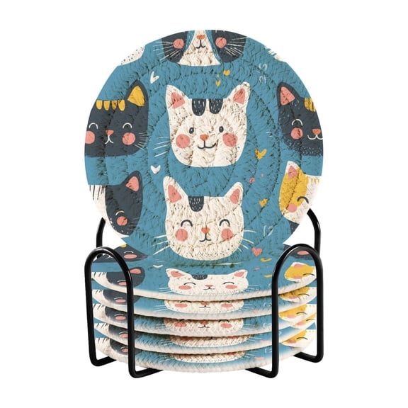 Cute Hand Drawn Cat Faces Drinking Coasters Cup Mat with Holder for Kitchen Cafe Bar 6 Packs