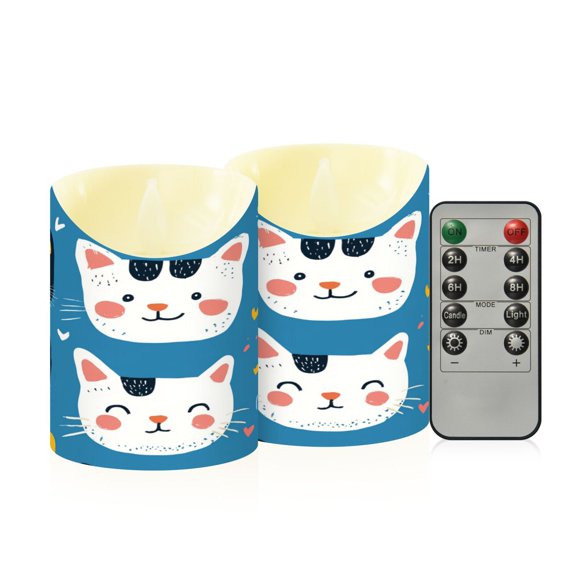 Cute Hand Drawn Cat Faces Flickering Flameless Candles with Remote Timer Battery Operated LED Tealight Set of 2 S