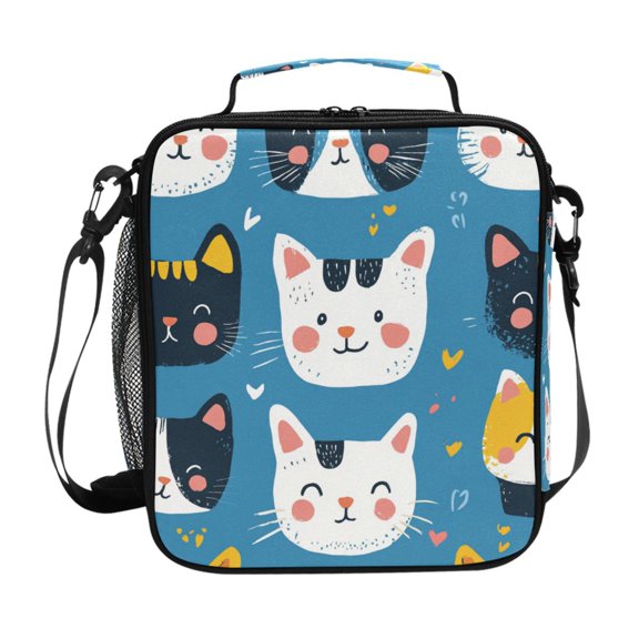 Cute Hand Drawn Cat Faces Insulated Lunch Bag Reusable Lunch Box Lunch Container with Straps