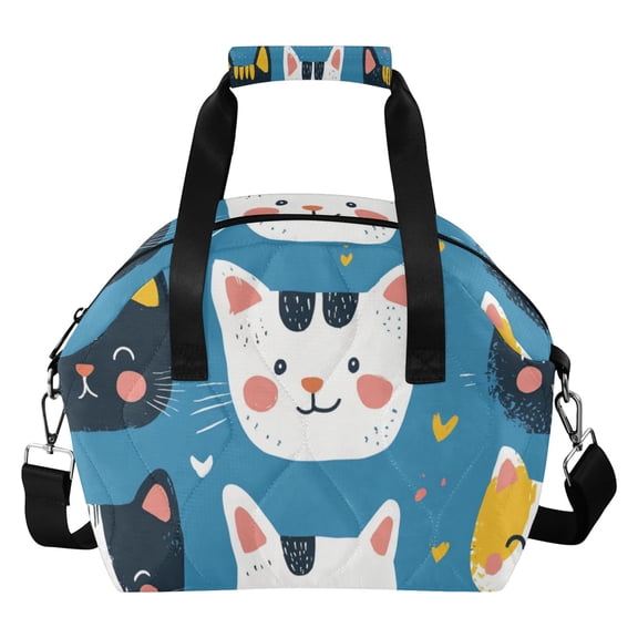 Cute Hand Drawn Cat Faces Insulated Lunch Bag Reusable Quilted Lunch Box Waterproof Leakproof Lunch Container