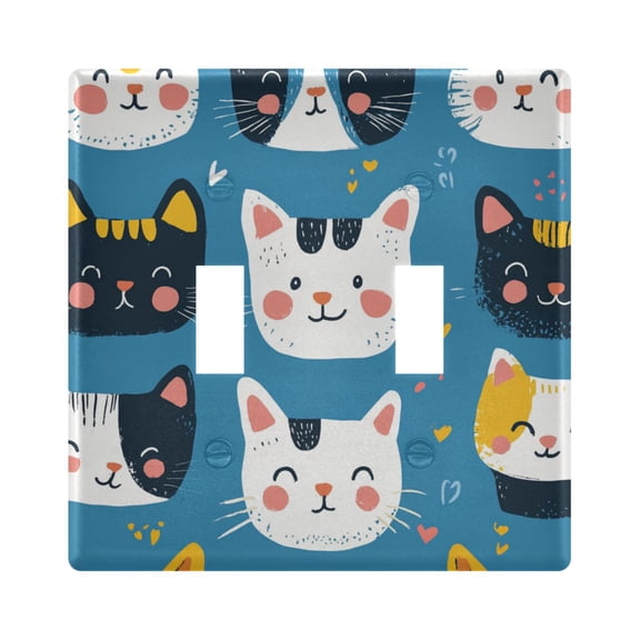 Cute Hand Drawn Cat Faces Light Switch Cover Electrical Outlet Cover Replaceable Wall Plates 2-Gang
