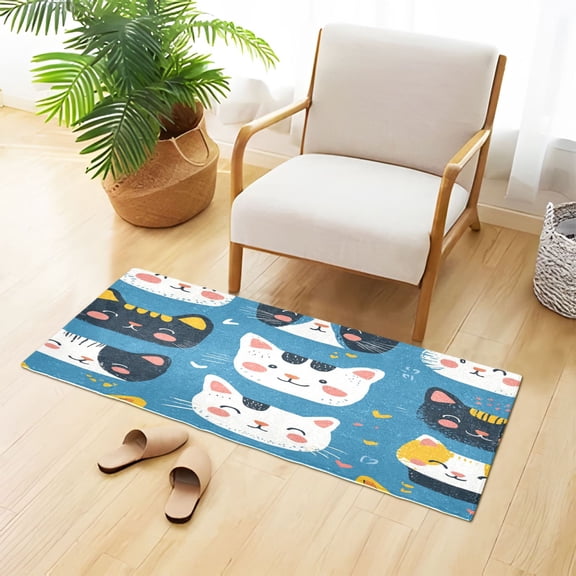 Cute Hand Drawn Cat Faces Plush Carpet Non Slip Runner Rug Absorbent Bath Mat 39" x 20"