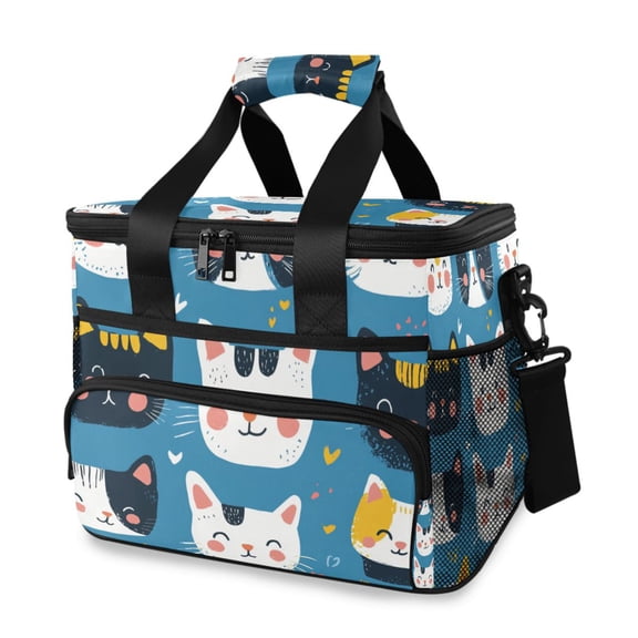 Cute Hand Drawn Cat Faces Portable Cooler Lunch Box Reusable Insulated Lunch Bag Leakproof 15L