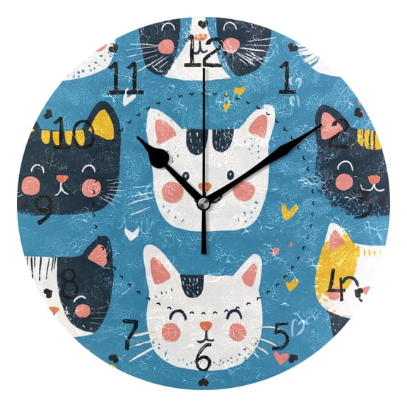 Cute Hand Drawn Cat Faces Round Wall Clock Silent Analog Battery Operated Black Pointer Home Decor 9.84" Diameter