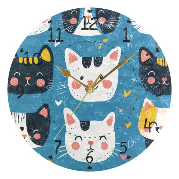 Cute Hand Drawn Cat Faces Round Wall Clock Silent Analog Battery Operated Gold Pointer Home Decor 9.84" Diameter