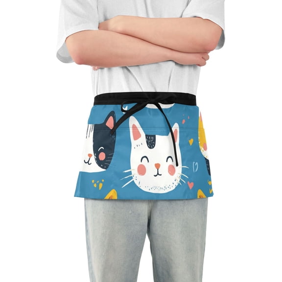 Cute Hand Drawn Cat Faces Short Server Apron with 3 Pockets for Unisex Chef Gardening