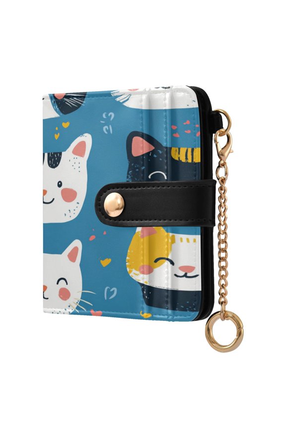 Cute Hand Drawn Cat Faces Women's Wallet PU Leather Card Cases RFID Blocking Purse Billfold with Key Ring