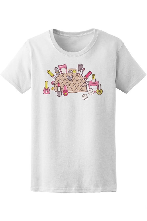 Cute Hand Drawn Makeup Cosmetics T-Shirt Women -Image by Shutterstock, Female Medium