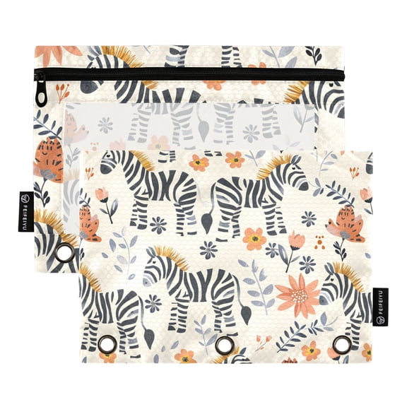 Cute Hand Drawn Zebras 2 Pack Pencil Pouch for 3 Ring Binder Smooth Zipper Folders with Pockets Clear Window Pencil Case