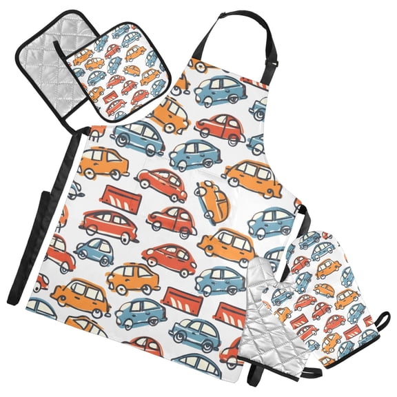 Cute Hand Paint Cars 5 Pcs Kitchen Set Heat Resistant Oven Mitts and Non-Slip Pot Holders with Adjustable Cooking Apron