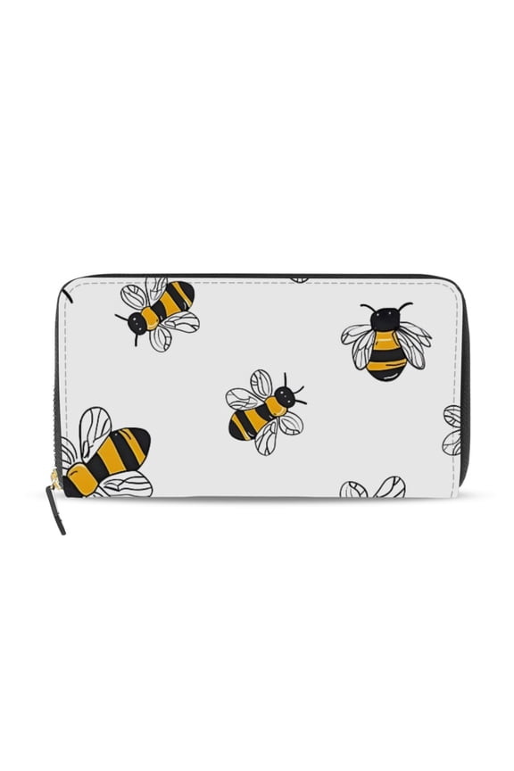 Cute Hand Painted Bees Women's Long Zipper Wallet Bifold Clutch Purse PU Leather Card Cases