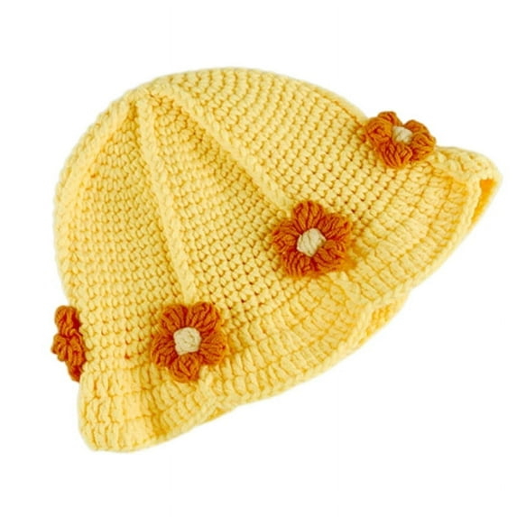 Cute Hand-knit Bucket Hat for Kids Boys&girls Ins Crochet Flower Stripe Baby Fisherman Hat Bohemian Style Toddlers Warm Cap (Yellow)