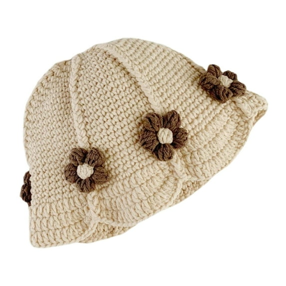 Cute Hand-knit Bucket Hat for Kids Boys&girls Ins Crochet Flower Stripe Baby Fisherman Hat Bohemian Style Toddlers Warm Cap (for BEIGE)