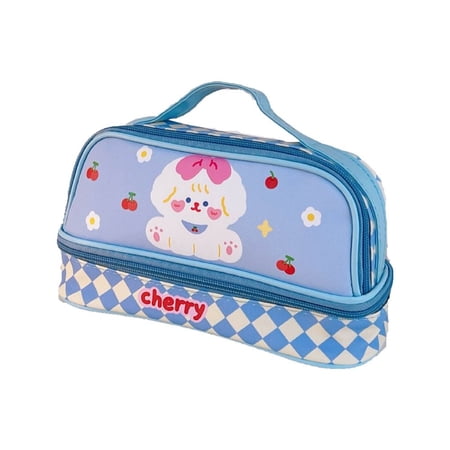 Cute Handbag Double Layer Bear Large Capacity Travel Wash Bag Pencil Case Rabbit Women Cosmetic Bag Hanging Toiletry Bag Cartoon Makeup Bag Korean Storage Bag BLUE