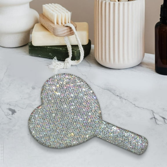 Cute Handheld Makeup Mirror Cosmetic Mirror Decorative Vanity Mirror Princess Handheld Mirror Small Bling Heart Mirrors for Women Girls Gift White