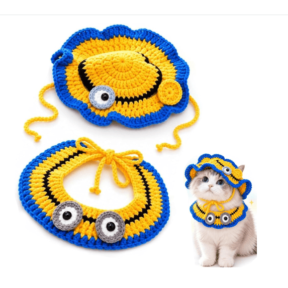 Cute Handmade Crochet Cat Hat & Collar Set, 6 Styles Fruit Animal Knit Outfit with Adjustable Ties, Pet Costumes, Cat Accessories for Kitten Photo Shoot & Party Dress-up-B