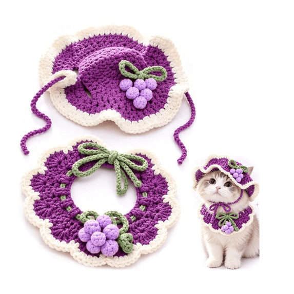 Cute Handmade Crochet Cat Hat & Collar Set, 6 Styles Fruit Animal Knit Outfit with Adjustable Ties, Pet Costumes, Cat Accessories for Kitten Photo Shoot & Party Dress-up-F