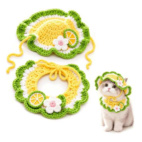 Cute Handmade Crochet Cat Hat & Collar Set, 6 Styles Fruit Animal Knit Outfit with Adjustable Ties, Pet Costumes, Cat Accessories for Kitten Photo Shoot & Party Dress-up-A