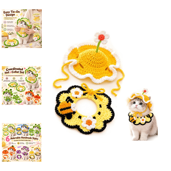 Cute Handmade Crochet Cat Hat & Collar Set, Cute Lemon Frog Bee Pumpkin Grape Minion Design, Pet Costumes, Cat Accessories for Halloween Holiday Cosplay-C