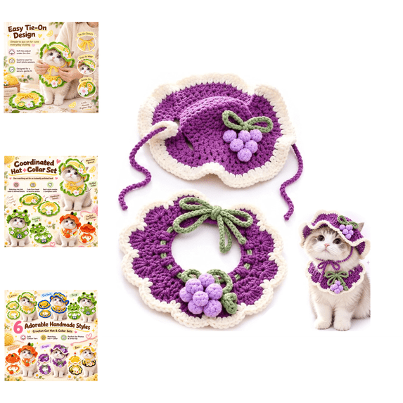 Cute Handmade Crochet Cat Hat & Collar Set, Cute Lemon Frog Bee Pumpkin Grape Minion Design, Pet Costumes, Cat Accessories for Halloween Holiday Cosplay-F