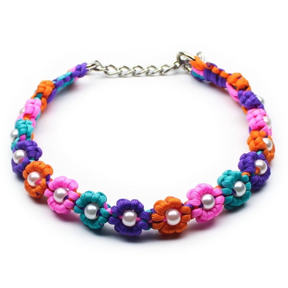 Cute Handmade Paracord Dog Collar - Unique Hand-Braided Colorful Flower Design Pet Accessory for Medium Large Dogs Fit 22-26" Size L C97