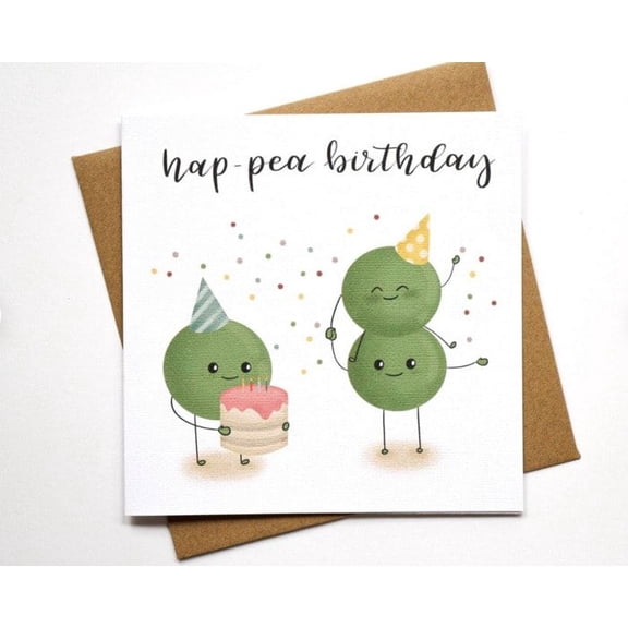 Cute "Hap-Pea Birthday" Greeting Card – Adorable Peas in Party Hats with Cake – Blank Inside, Envelope Included – Perfect for Friends and Family Birthdays