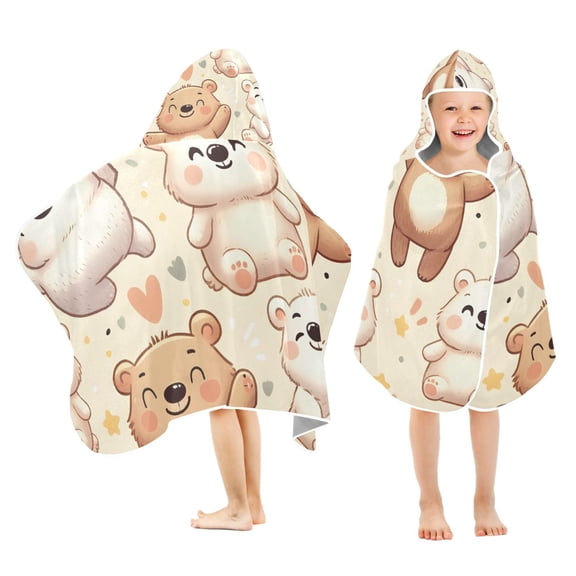 Cute Happy Bear Kids Hooded Beach Towel Baby Bath Poncho Towels with Hood Absorbent 50"x23.5" for Pool Swimming