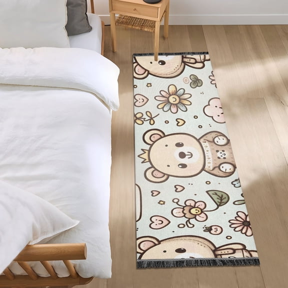 Cute Happy Bear in Flowers Runner Area Rug 2x6 Soft Non-Slip Washable Bedside Carpet for Hallway Bedroom Living Room Home Decor