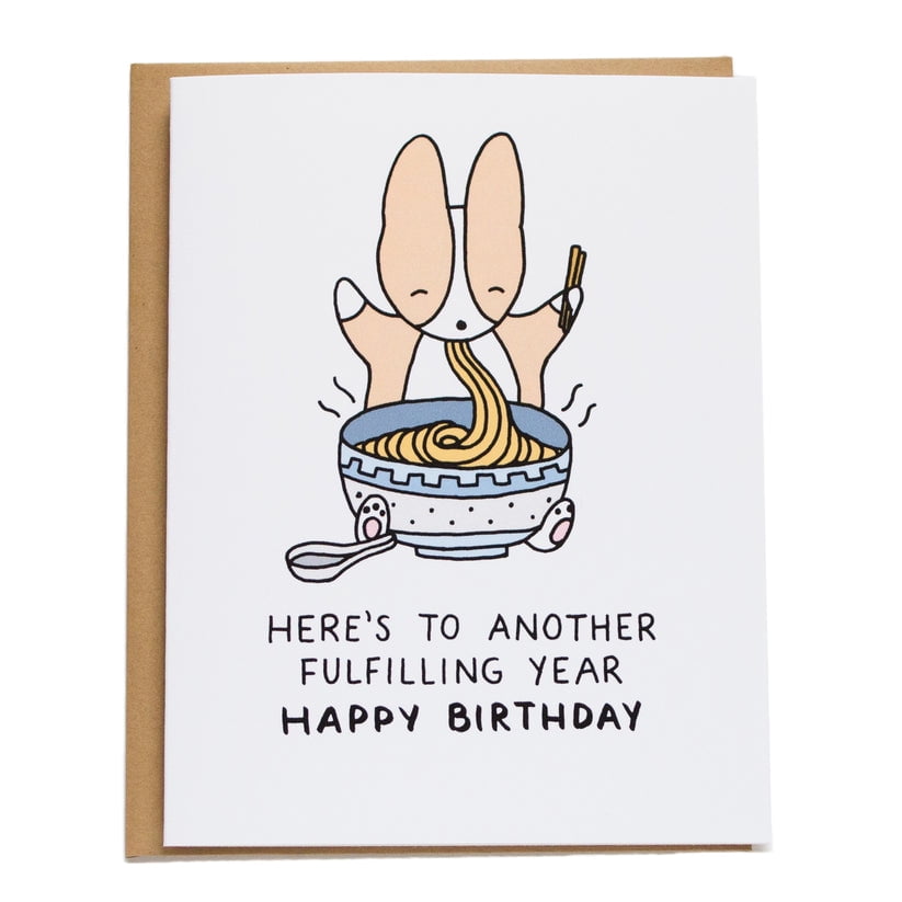Cute Happy Birthday Card with Noodle Eating Character – 