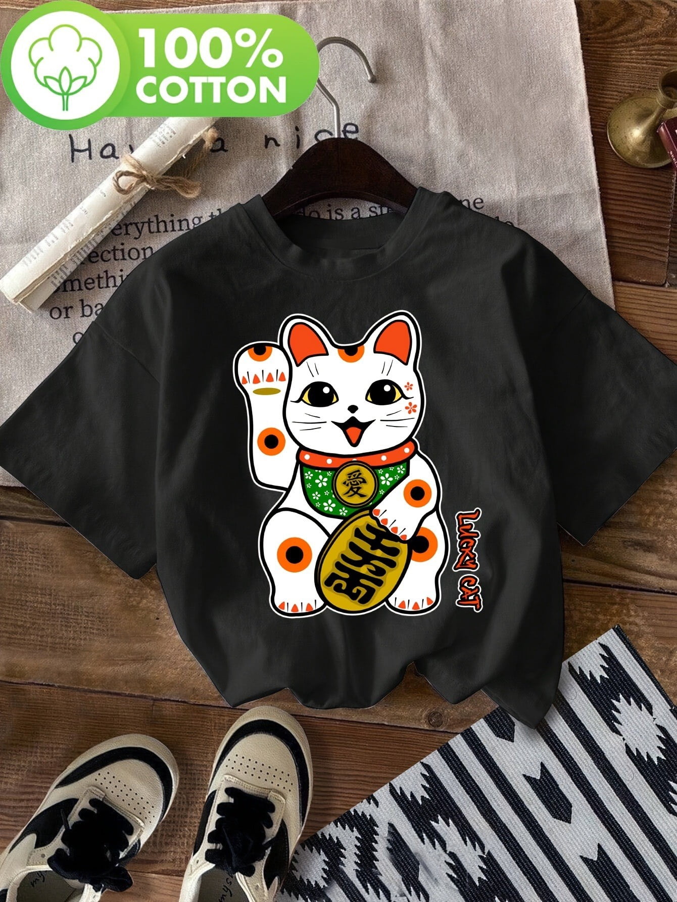 Cute Happy Calico White Lucky Cat Right Paw print t-shirt, short sleeve crew neck casual top for ...