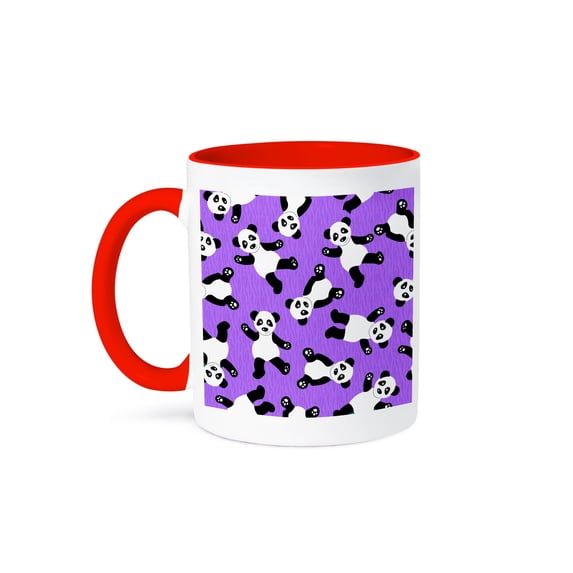 3dRose, Cute Happy Cartoon Panda Print on Purple Fur Print Background, 15oz Two-Tone Red Mug