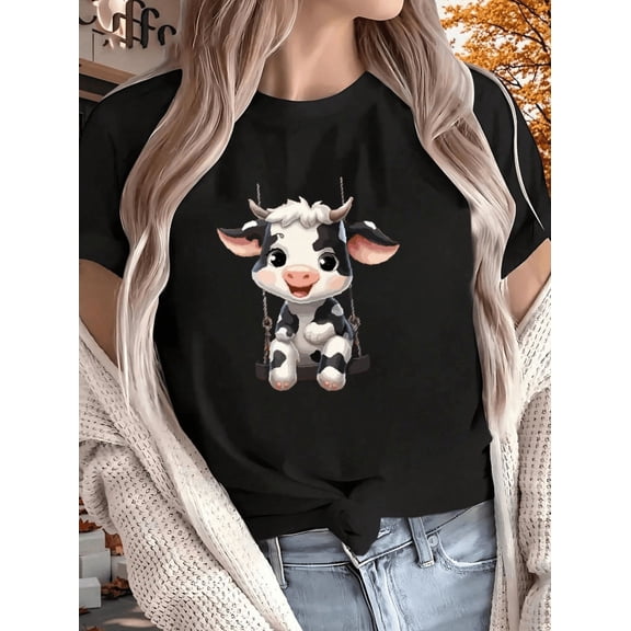 Cute Happy Cow Cartoon Print Unisex T-Shirt Funny Farm Animal Retro Design up to size 5XL