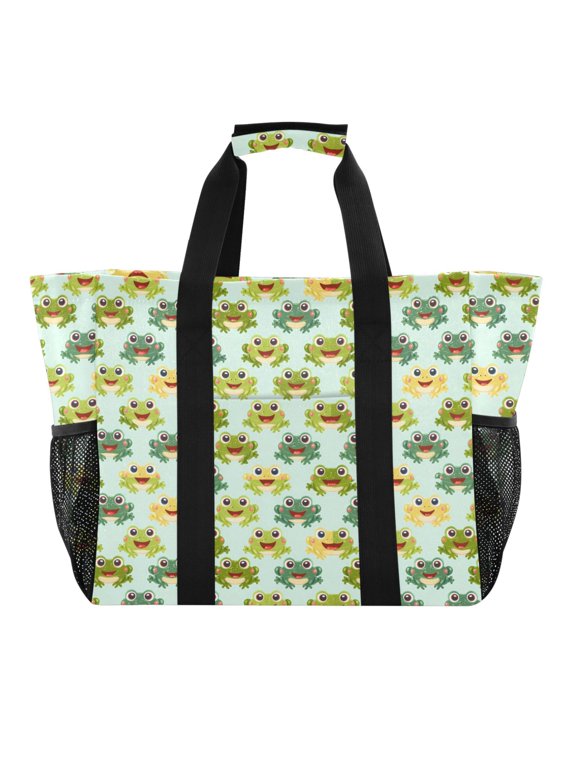 Cute Happy Frogs Reusable Grocery Bags with Handle Side Pocket Waterproof Shopping Portable Tote