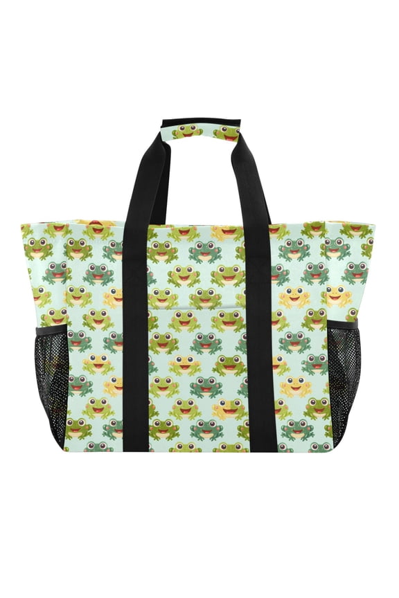 Cute Happy Frogs Reusable Grocery Bags with Handle Side Pocket Waterproof Shopping Portable Tote
