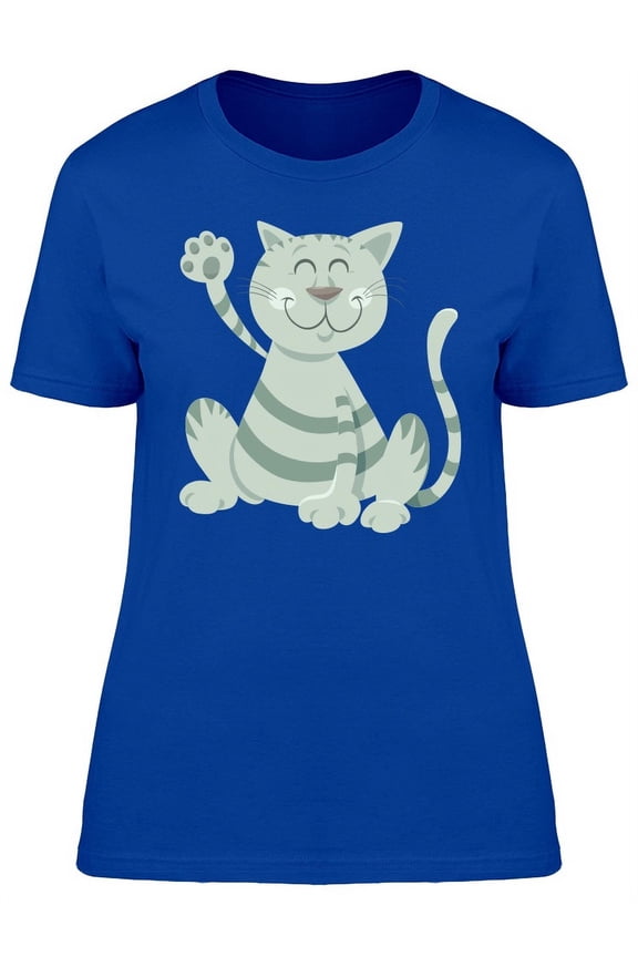 Cute Happy Gray Cartoon Kitten T-Shirt Women -Image by Shutterstock, Female Medium