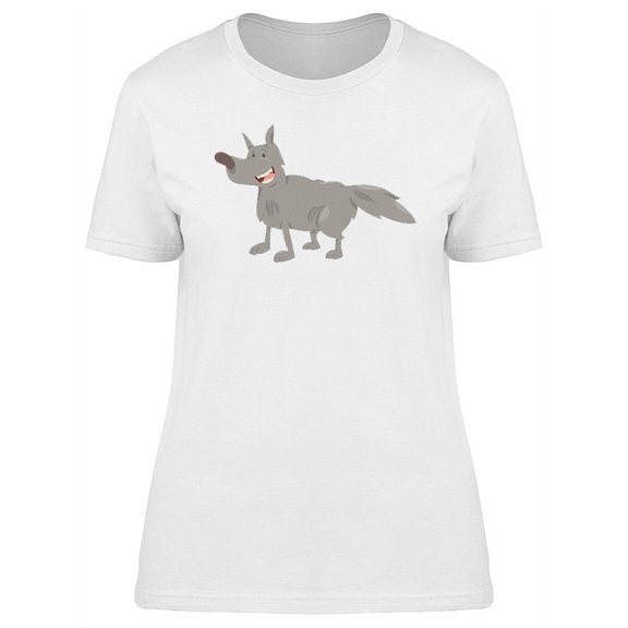 Cute Happy Grey Wolf Cartoon T-Shirt Women -Image by Shutterstock, Female Large