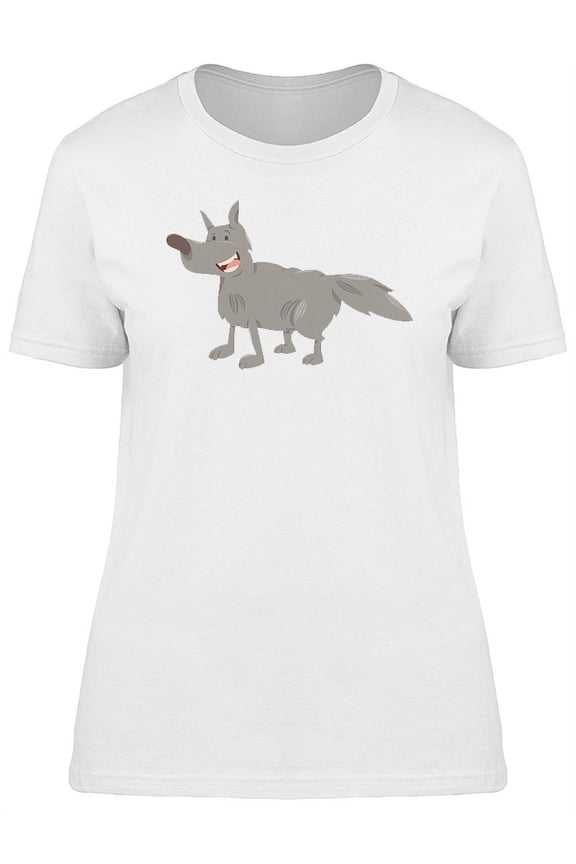 Cute Happy Grey Wolf Cartoon T-Shirt Women -Image by Shutterstock, Female Large