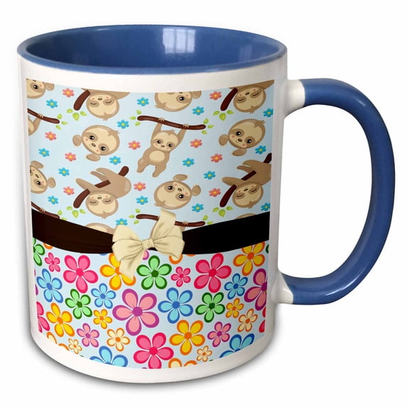 3drose, Cute Happy Hanging Sloths Over Colorful Flowers with Digital Bow, 11oz Two-tone Blue Mug