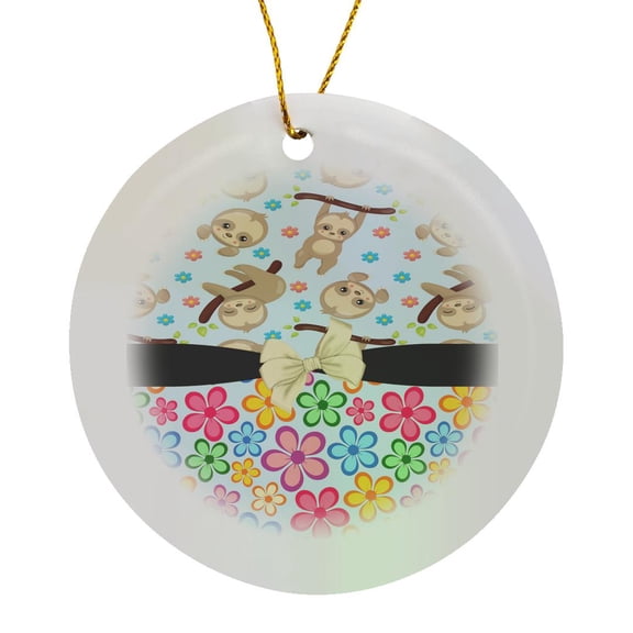 3drose, Cute Happy Hanging Sloths over Colorful Flowers with Digital Bow, Circle Porcelain Ornament